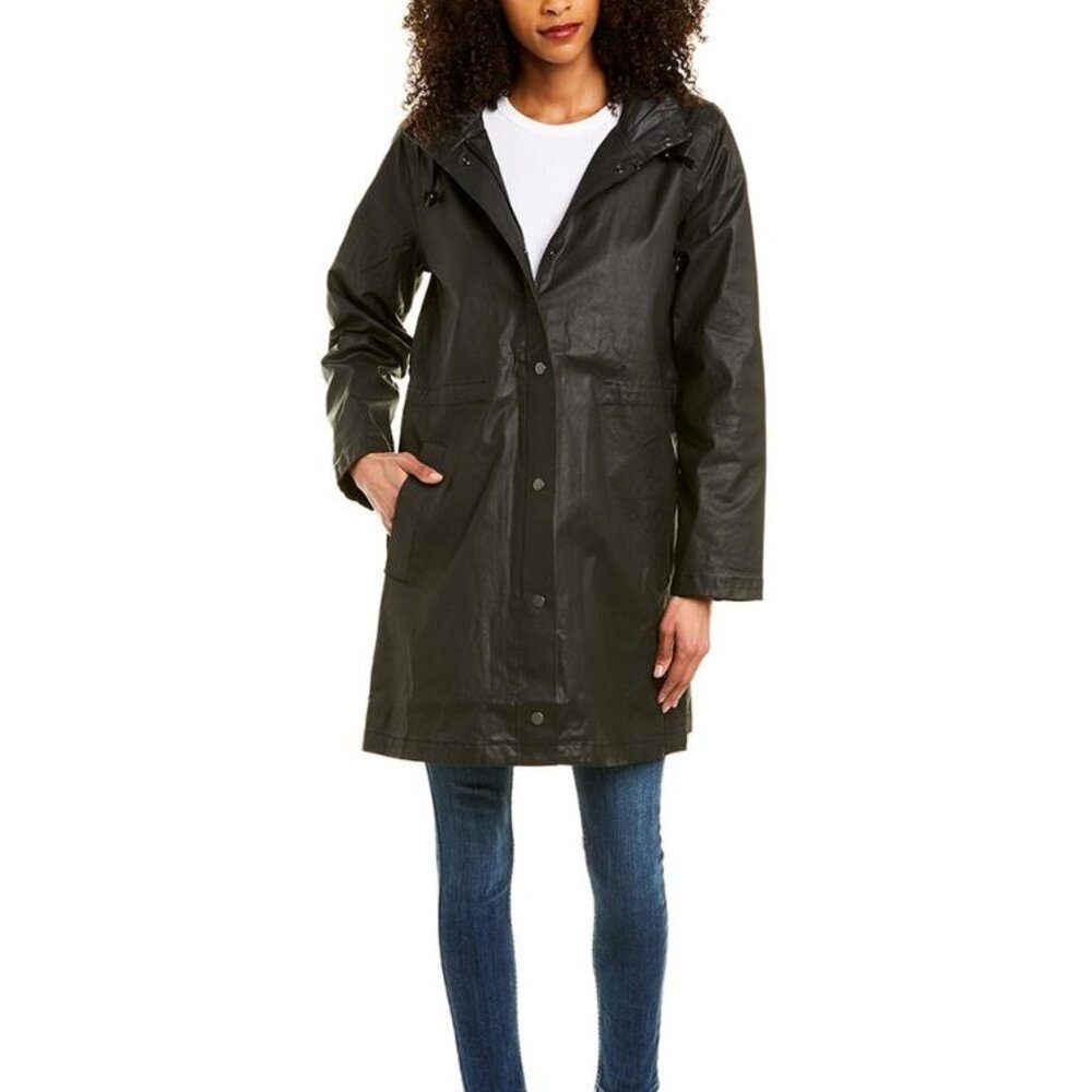 EILEEN FISHER Black Waxed Organic Cotton Twill Hooded Raincoat Sz S